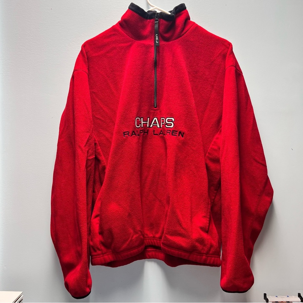 Chaps Ralph Lauren Red Embroidered Spellout Teddy Bear Fleece Quarter Zip